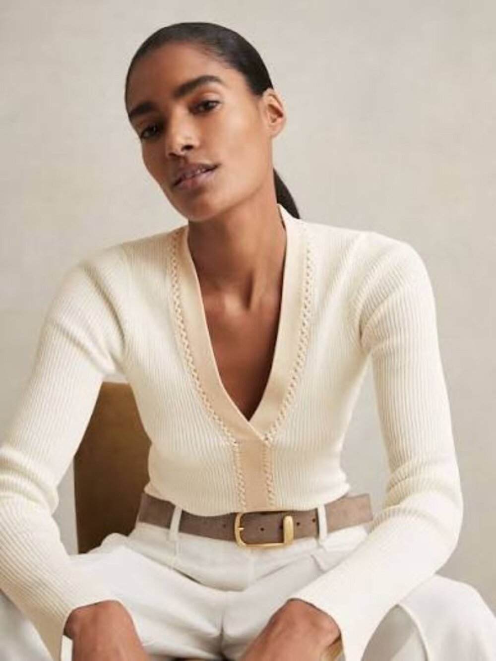 Reiss Lauri Craft-Stitch Rib-Knit Top in Ivory, S